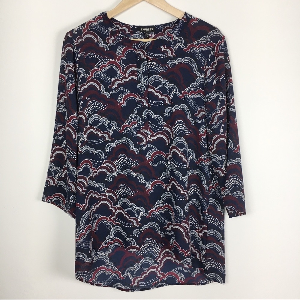 New Express Dark Blue & Burgundy Cloud Tunic Top M - Picture 2 of 7